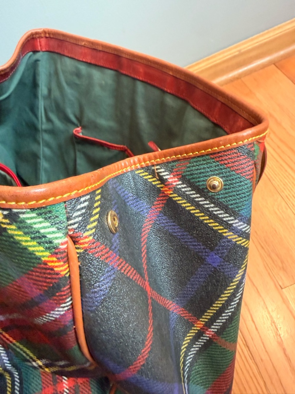 Dooney & Bourke Green Red Plaid Tote with Brown Trim - Picture 5 of 7